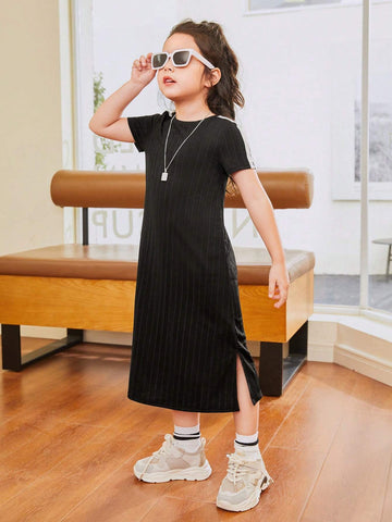 Young Girls' Casual Loose Fit Patchwork Colorblock Belted Midi Dress With Round Neckline