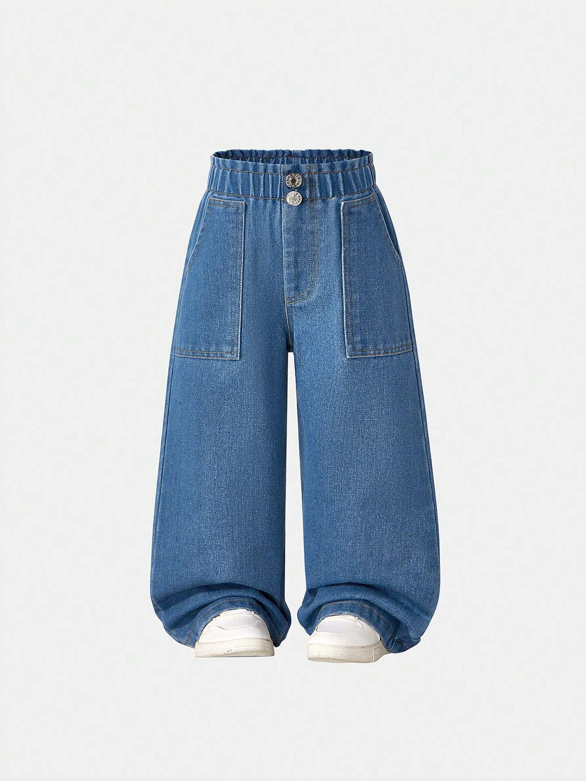Young Girls' Casual Relaxed-Fit Soft Washed Elastic Waist Denim Wide-Leg Pants, Suitable For Spring And Autumn
