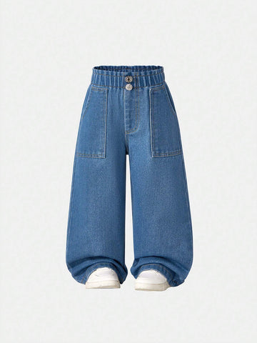 Young Girls' Casual Relaxed-Fit Soft Washed Elastic Waist Denim Wide-Leg Pants, Suitable For Spring And Autumn