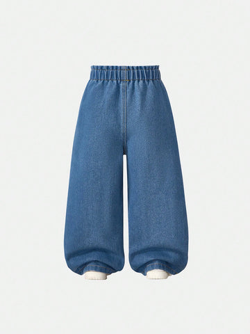 Young Girls' Casual Relaxed-Fit Soft Washed Elastic Waist Denim Wide-Leg Pants, Suitable For Spring And Autumn