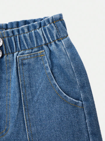 Young Girls' Casual Relaxed-Fit Soft Washed Elastic Waist Denim Wide-Leg Pants, Suitable For Spring And Autumn