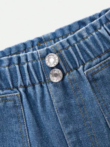 Young Girls' Casual Relaxed-Fit Soft Washed Elastic Waist Denim Wide-Leg Pants, Suitable For Spring And Autumn