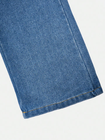 Young Girls' Casual Relaxed-Fit Soft Washed Elastic Waist Denim Wide-Leg Pants, Suitable For Spring And Autumn