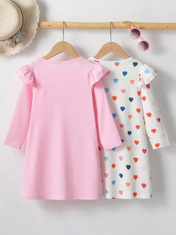 Young Girls Casual Ruffle Trim Long Sleeve Dress, Spring Autumn