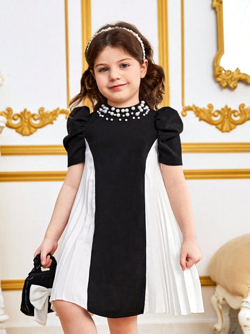 Young Girl's Casual Short Sleeves Dress With Beaded Detail, Colorblocking & Pleat, A-Line