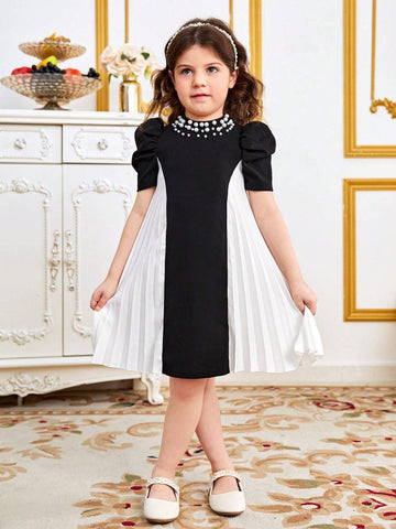 Young Girl's Casual Short Sleeves Dress With Beaded Detail, Colorblocking & Pleat, A-Line