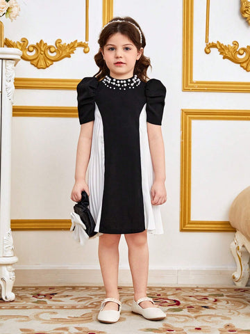 Young Girl's Casual Short Sleeves Dress With Beaded Detail, Colorblocking & Pleat, A-Line