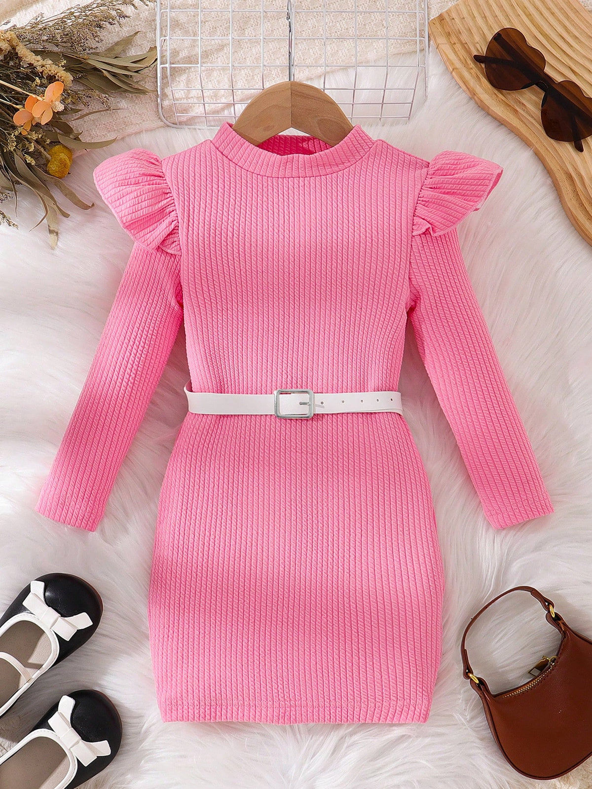Young Girl's Casual Solid Color Cap Sleeve Dress, Autumn