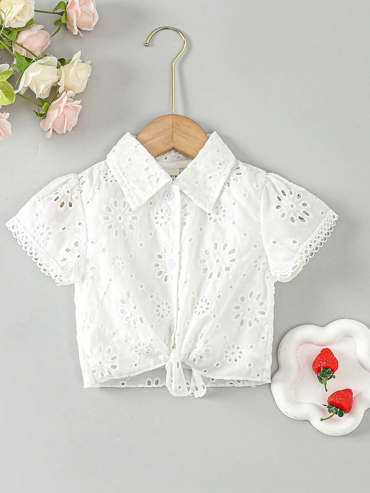 Young Girls' Casual Solid Color Lace Detail Shirt For Spring And Summer