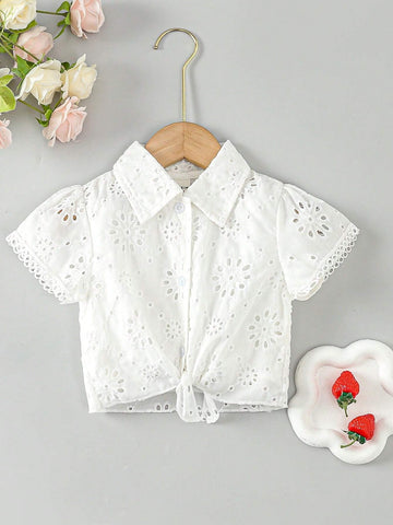 Young Girls' Casual Solid Color Lace Detail Shirt For Spring And Summer