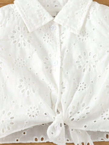 Young Girls' Casual Solid Color Lace Detail Shirt For Spring And Summer