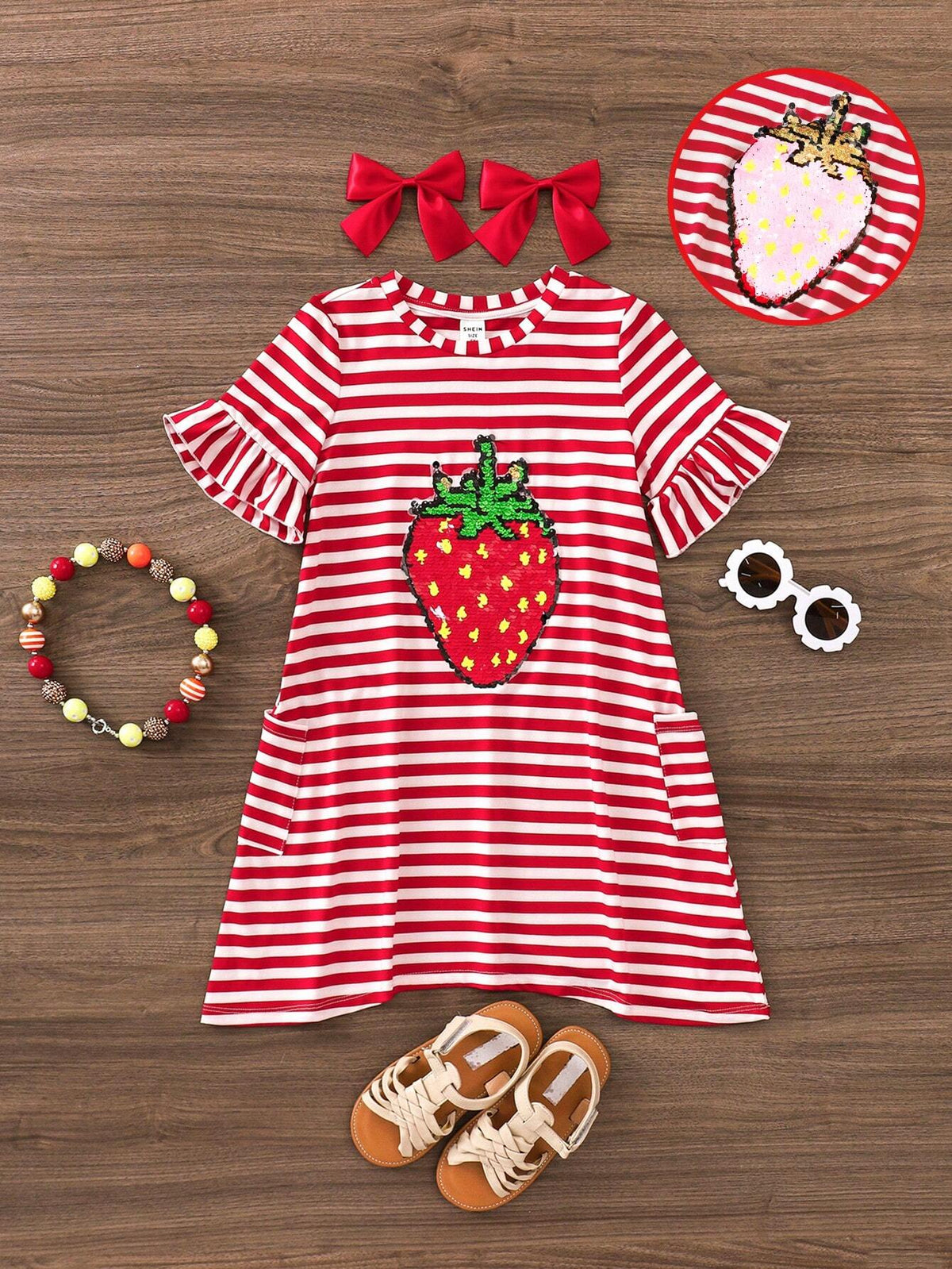 Young Girl's Casual Spring/Summer Striped Knit Seven Quarter Sleeve Strawberry Detail A-Line Dress