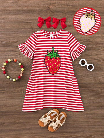 Young Girl's Casual Spring/Summer Striped Knit Seven Quarter Sleeve Strawberry Detail A-Line Dress