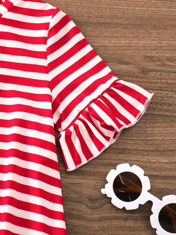 Young Girl's Casual Spring/Summer Striped Knit Seven Quarter Sleeve Strawberry Detail A-Line Dress