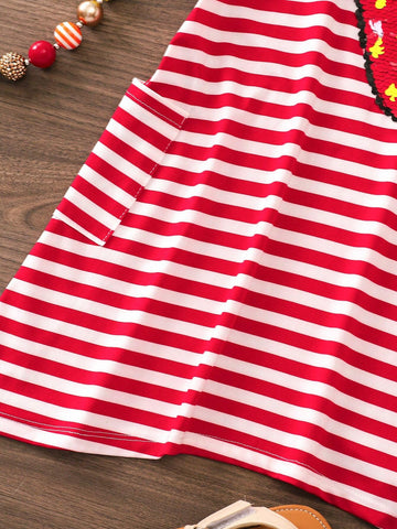 Young Girl's Casual Spring/Summer Striped Knit Seven Quarter Sleeve Strawberry Detail A-Line Dress