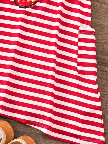 Young Girl's Casual Spring/Summer Striped Knit Seven Quarter Sleeve Strawberry Detail A-Line Dress