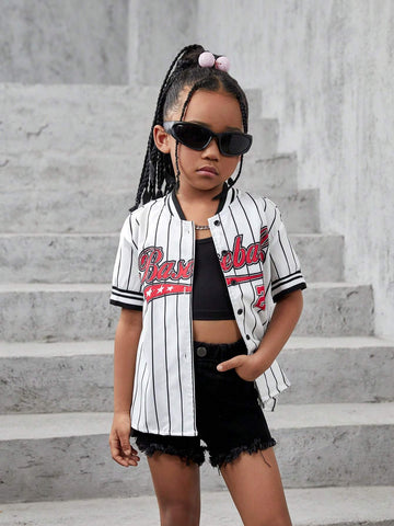 Young Girls' Casual Street Style Spring And Summer Woven Oversized Striped Short Sleeve Shirt