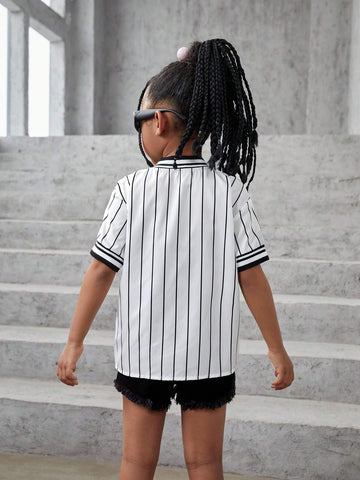 Young Girls' Casual Street Style Spring And Summer Woven Oversized Striped Short Sleeve Shirt