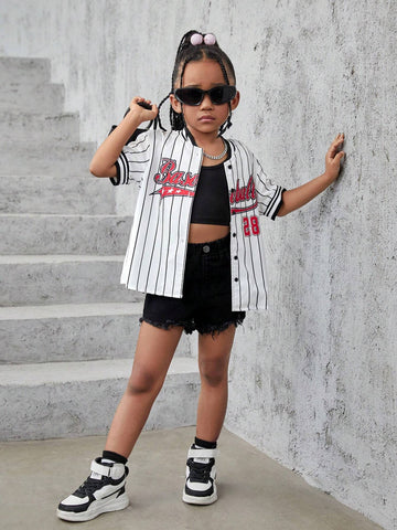 Young Girls' Casual Street Style Spring And Summer Woven Oversized Striped Short Sleeve Shirt