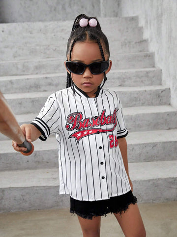 Young Girls' Casual Street Style Spring And Summer Woven Oversized Striped Short Sleeve Shirt