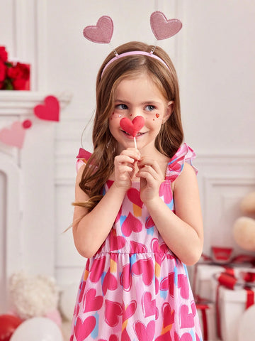 Young Girl's Casual Summer Holiday Heart Print Ruffle Hem Dress
