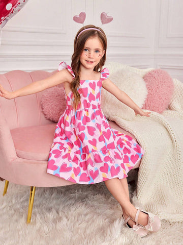 Young Girl's Casual Summer Holiday Heart Print Ruffle Hem Dress