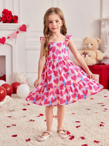 Young Girl's Casual Summer Holiday Heart Print Ruffle Hem Dress