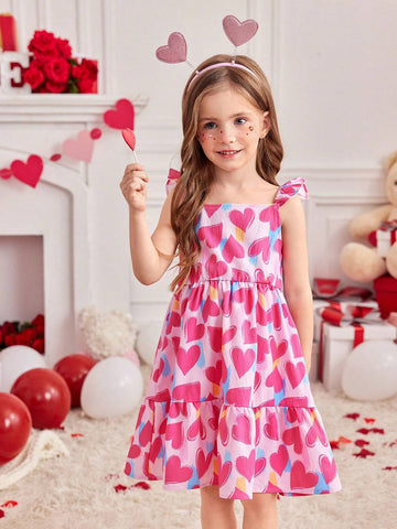 Young Girl's Casual Summer Holiday Heart Print Ruffle Hem Dress