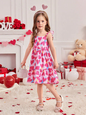 Young Girl's Casual Summer Holiday Heart Print Ruffle Hem Dress