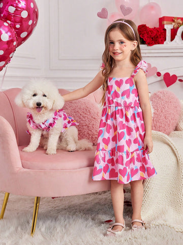 Young Girl's Casual Summer Holiday Heart Print Ruffle Hem Dress