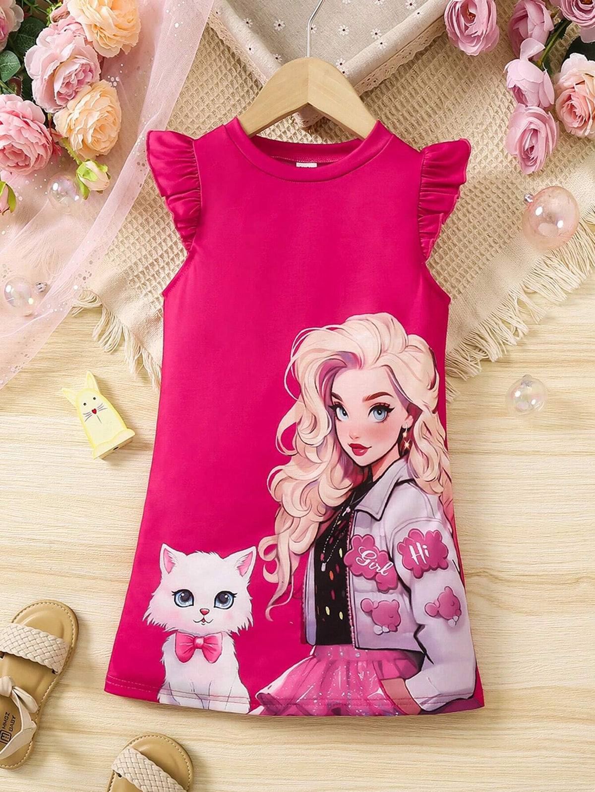 Young Girls Character Cat Print Dress
