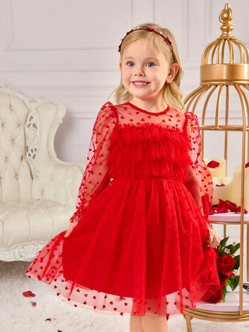 Young Girl's Charming Red Polka Dot Elegant Princess Tulle Long Sleeve Dress, Valentine's Day