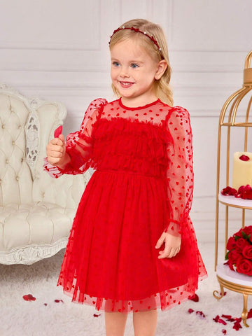 Young Girl's Charming Red Polka Dot Elegant Princess Tulle Long Sleeve Dress, Valentine's Day