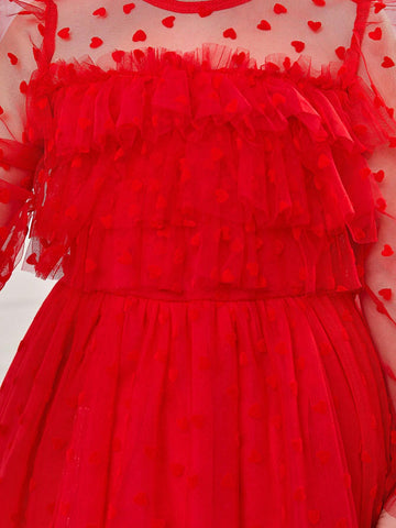 Young Girl's Charming Red Polka Dot Elegant Princess Tulle Long Sleeve Dress, Valentine's Day