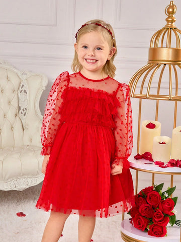 Young Girl's Charming Red Polka Dot Elegant Princess Tulle Long Sleeve Dress, Valentine's Day