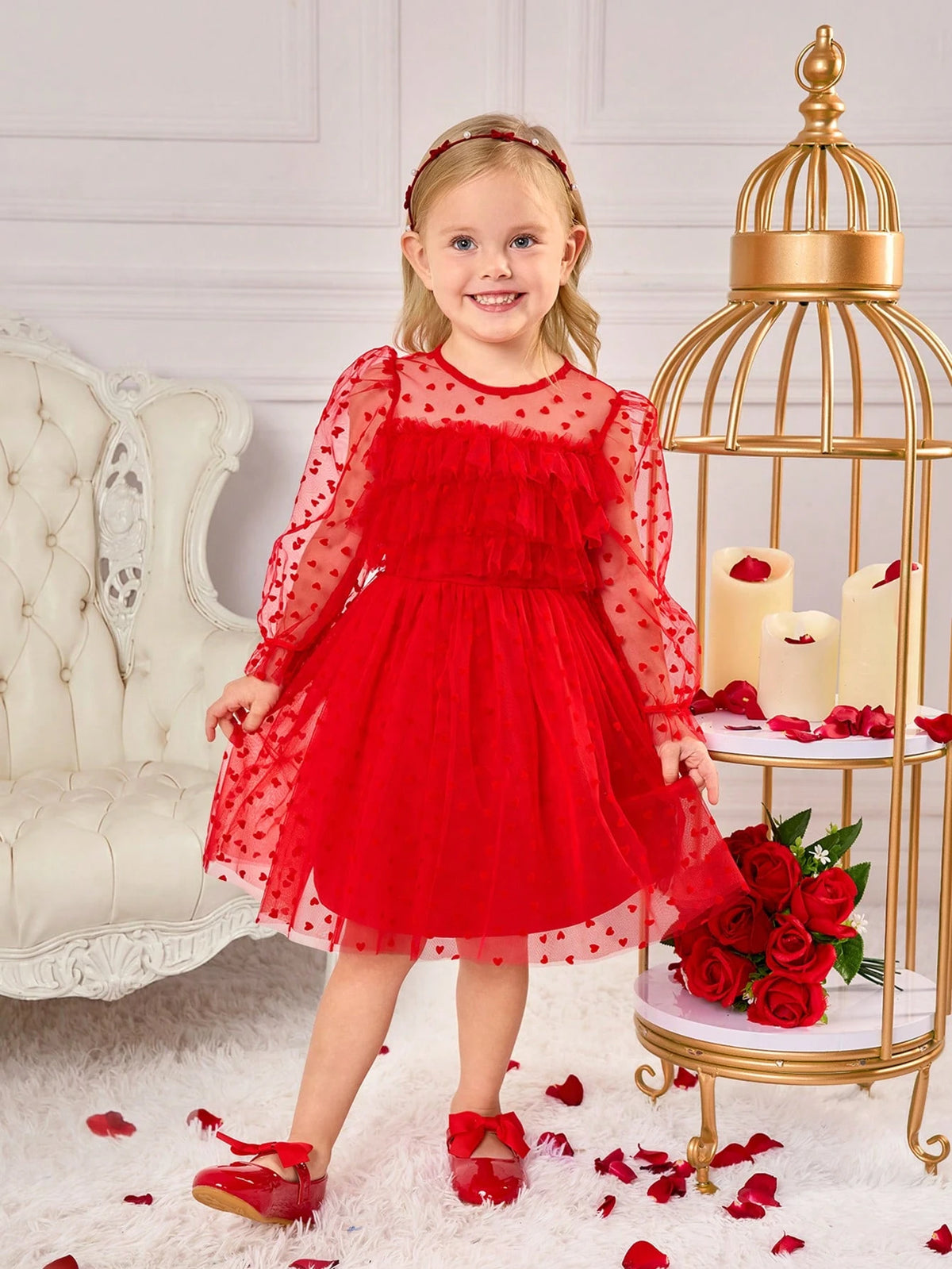 Young Girl's Charming Red Polka Dot Elegant Princess Tulle Long Sleeve Dress, Valentine's Day