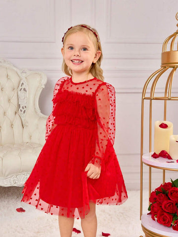 Young Girl's Charming Red Polka Dot Elegant Princess Tulle Long Sleeve Dress, Valentine's Day