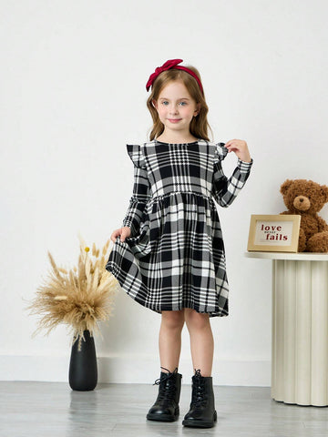 Young Girls Christmas Casual Stretch Red Plaid Fly-Sleeve Dress, Perfect For Christmas,Great For Casual & Daily Wear & School Daily In Autumn & Winter