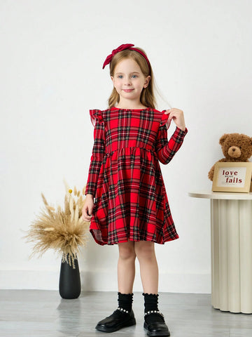 Young Girls Christmas Casual Stretch Red Plaid Fly-Sleeve Dress, Perfect For Christmas,Great For Casual & Daily Wear & School Daily In Autumn & Winter