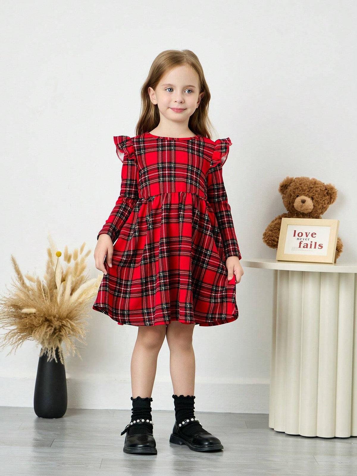 Young Girls Christmas Casual Stretch Red Plaid Fly-Sleeve Dress, Perfect For Christmas,Great For Casual & Daily Wear & School Daily In Autumn & Winter