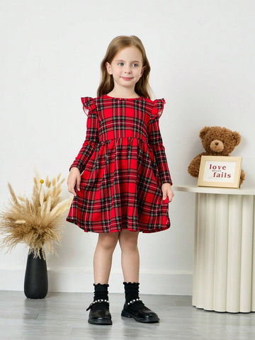 Young Girls Christmas Casual Stretch Red Plaid Fly-Sleeve Dress, Perfect For Christmas,Great For Casual & Daily Wear & School Daily In Autumn & Winter