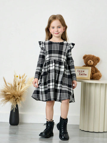 Young Girls Christmas Casual Stretch Red Plaid Fly-Sleeve Dress, Perfect For Christmas,Great For Casual & Daily Wear & School Daily In Autumn & Winter