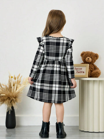Young Girls Christmas Casual Stretch Red Plaid Fly-Sleeve Dress, Perfect For Christmas,Great For Casual & Daily Wear & School Daily In Autumn & Winter