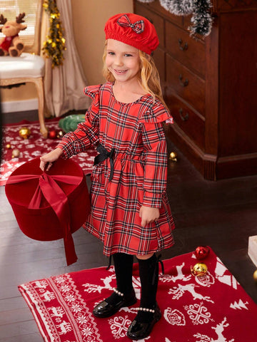 Young Girls Christmas Plaid Dress With Satin Ribbon Bow & Cap Sleeve, Princess Style Outfit + Cute Butterfly Beret Hat, 2pcs Set, Fall/Spring