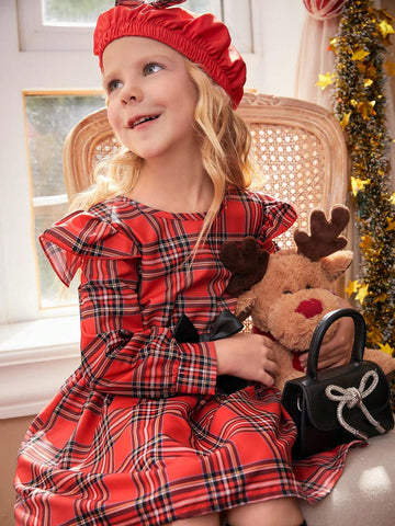 Young Girls Christmas Plaid Dress With Satin Ribbon Bow & Cap Sleeve, Princess Style Outfit + Cute Butterfly Beret Hat, 2pcs Set, Fall/Spring