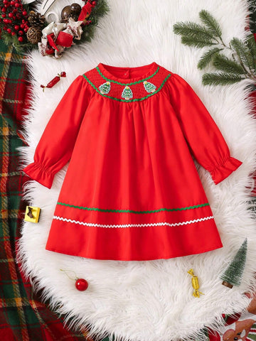 Young Girls Christmas Trim Gathered Red Dress, Suitable For Parties And Events, For Fall/Winter