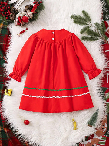 Young Girls Christmas Trim Gathered Red Dress, Suitable For Parties And Events, For Fall/Winter