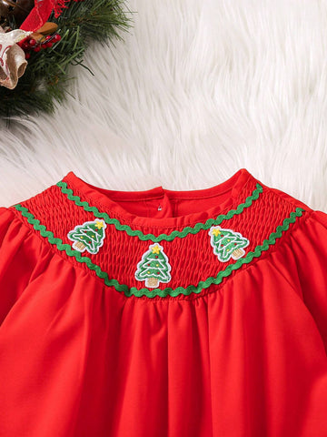 Young Girls Christmas Trim Gathered Red Dress, Suitable For Parties And Events, For Fall/Winter