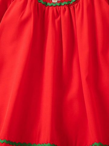 Young Girls Christmas Trim Gathered Red Dress, Suitable For Parties And Events, For Fall/Winter