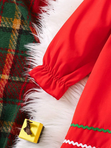 Young Girls Christmas Trim Gathered Red Dress, Suitable For Parties And Events, For Fall/Winter